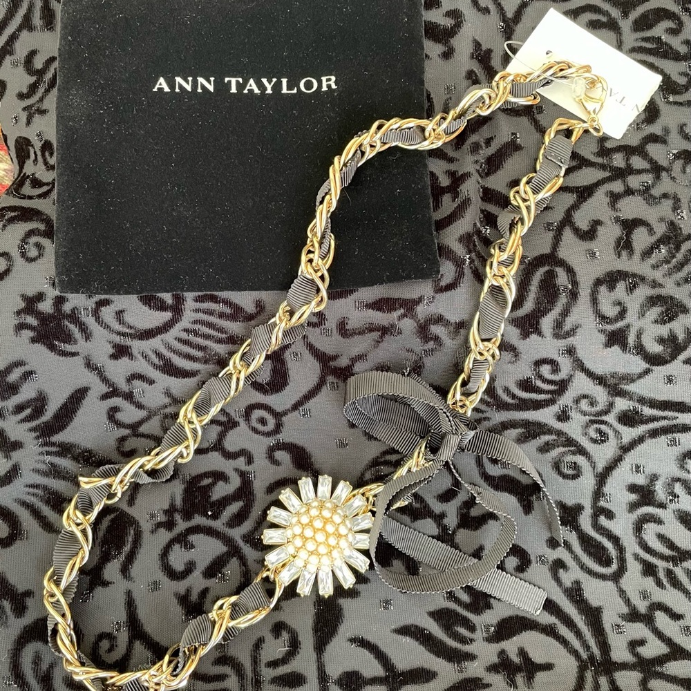 Ann Taylor gold and ribbon necklace with faux pearl and diamond brooch.